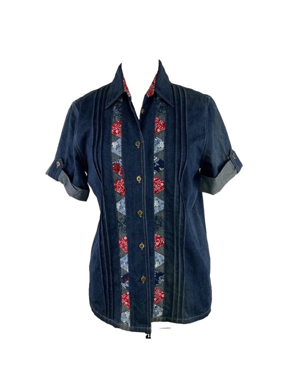 Vintage Koret City Blues Small Patchwork Denim Button Up Top Red Blue Americana